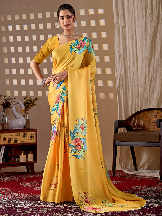 Women's Satin Georgette Saree With Unstitched Blouse Piece