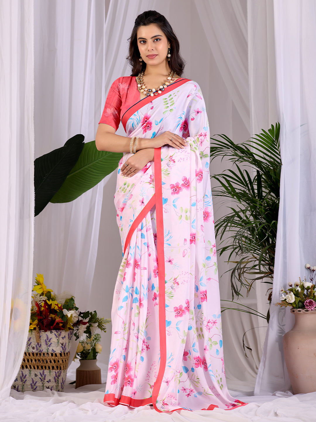Women's Satin Georgette Saree With Unstitched Blouse Piece