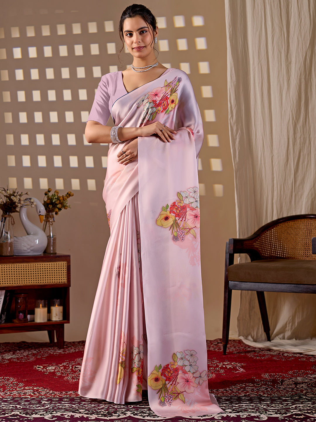 Women's Satin Georgette Saree With Unstitched Blouse Piece