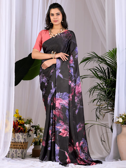 Women's Satin Georgette Saree With Unstitched Blouse Piece