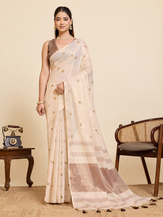 Women's Linen Saree With Unstitched Blouse Piece