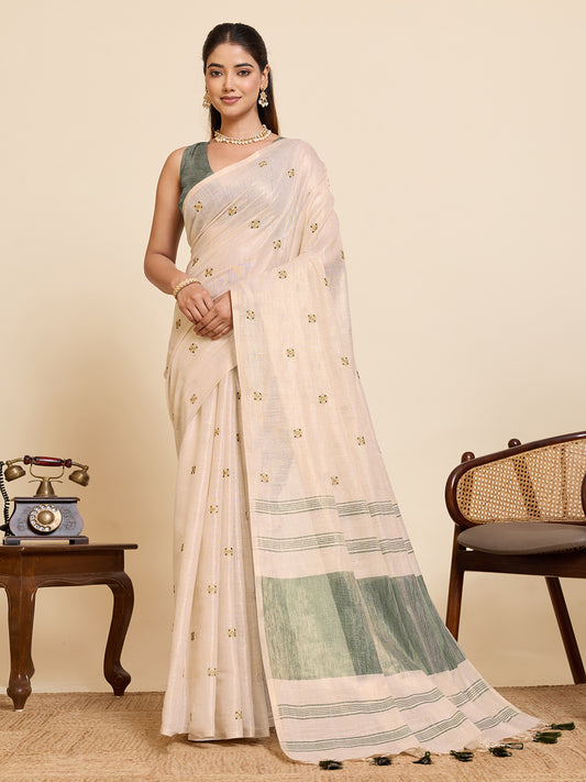 Women's Linen Saree With Unstitched Blouse Piece