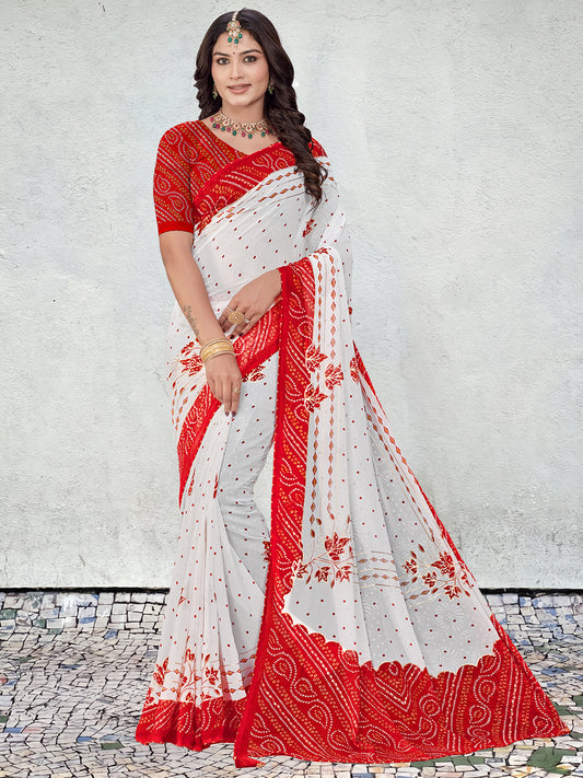 Women's Georgette Bandhani Saree With Unstitched Blouse Piece