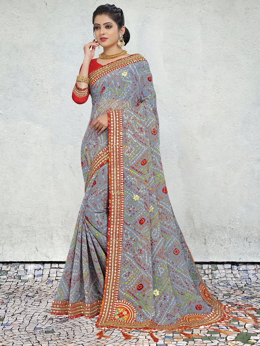 Women's Georgette Bandhani Saree With Unstitched Blouse Piece