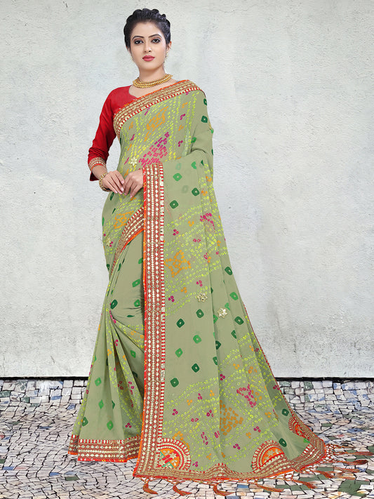 Women's Georgette Bandhani Saree With Unstitched Blouse Piece