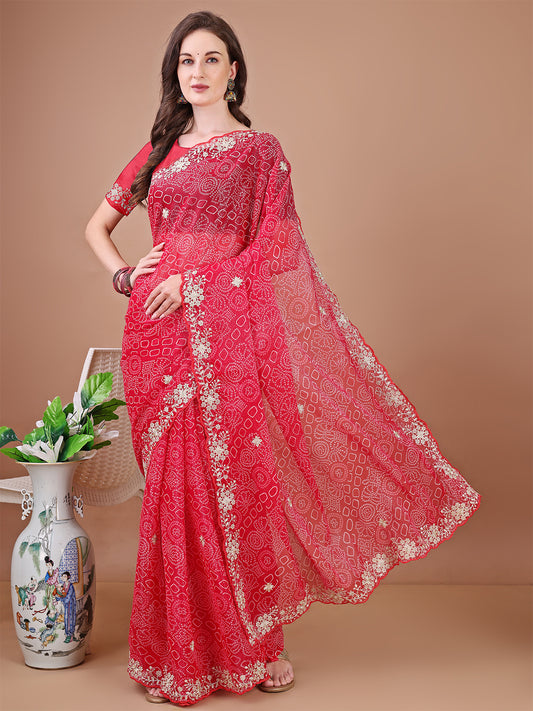 Women's Georgette Bandhani Saree With Unstitched Blouse Piece