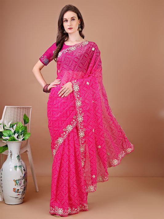 Women's Georgette Bandhani Saree With Unstitched Blouse Piece