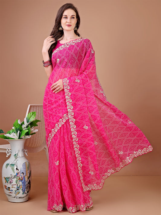 Women's Georgette Bandhani Saree With Unstitched Blouse Piece