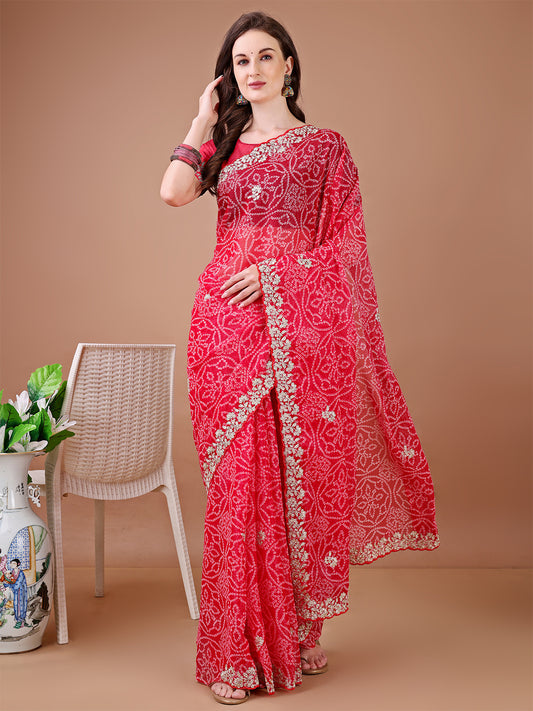 Women's Georgette Bandhani Saree With Unstitched Blouse Piece