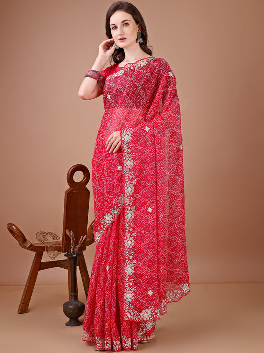 Women's Georgette Bandhani Saree With Unstitched Blouse Piece