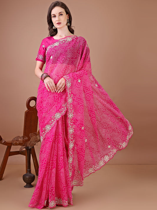 Women's Georgette Bandhani Saree With Unstitched Blouse Piece