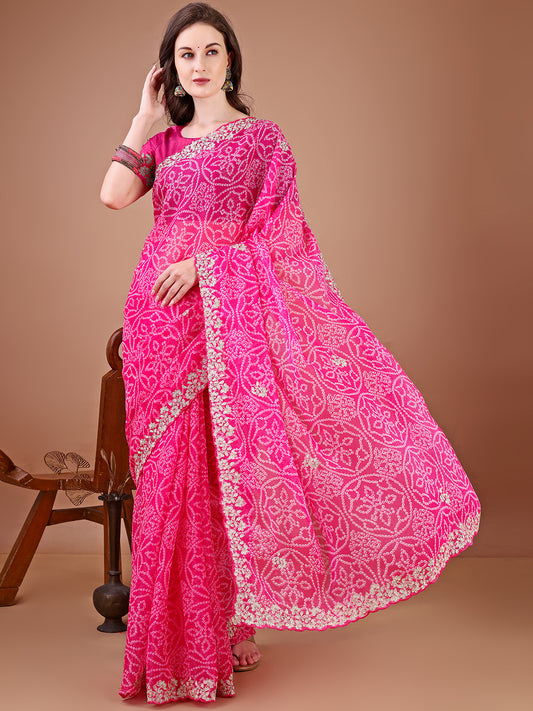 Women's Georgette Bandhani Saree With Unstitched Blouse Piece
