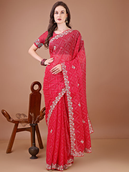 Women's Georgette Bandhani Saree With Unstitched Blouse Piece