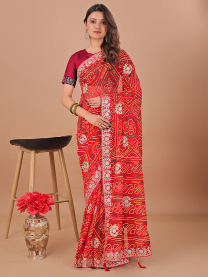 Women's Georgette Bandhani Saree With Unstitched Blouse Piece