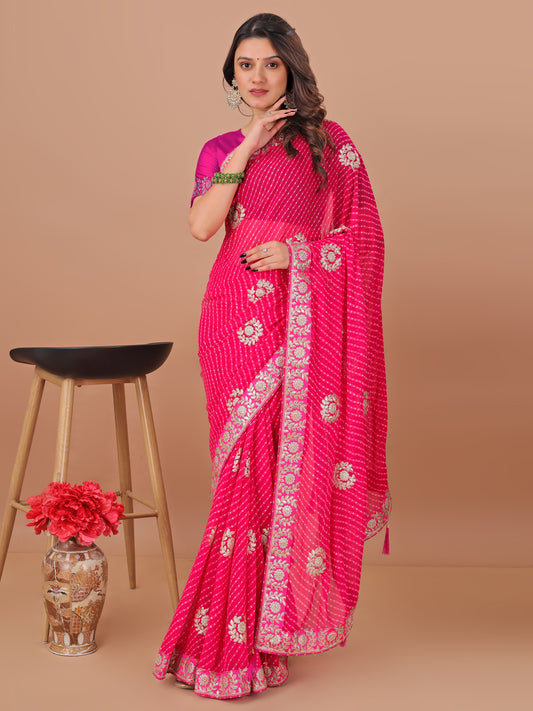 Women's Georgette Bandhani Saree With Unstitched Blouse Piece