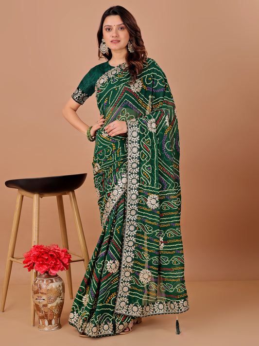 Women's Georgette Bandhani Saree With Unstitched Blouse Piece