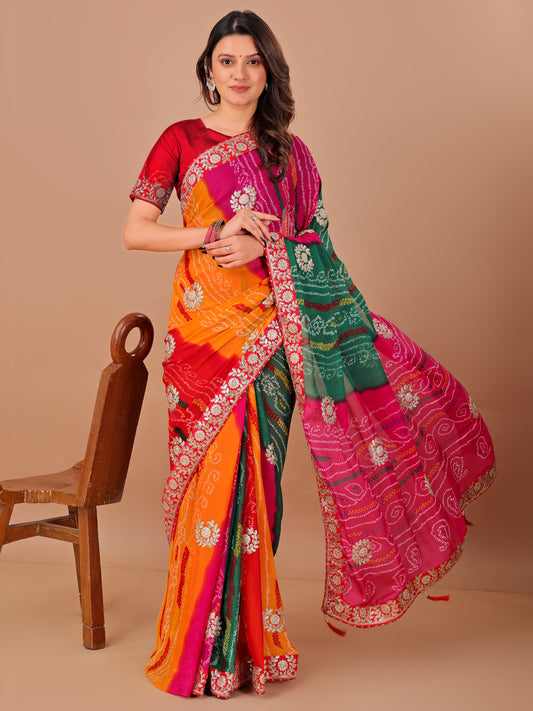 Women's Georgette Bandhani Saree With Unstitched Blouse Piece