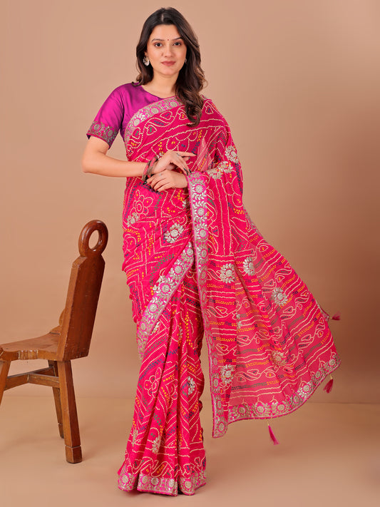 Women's Georgette Bandhani Saree With Unstitched Blouse Piece