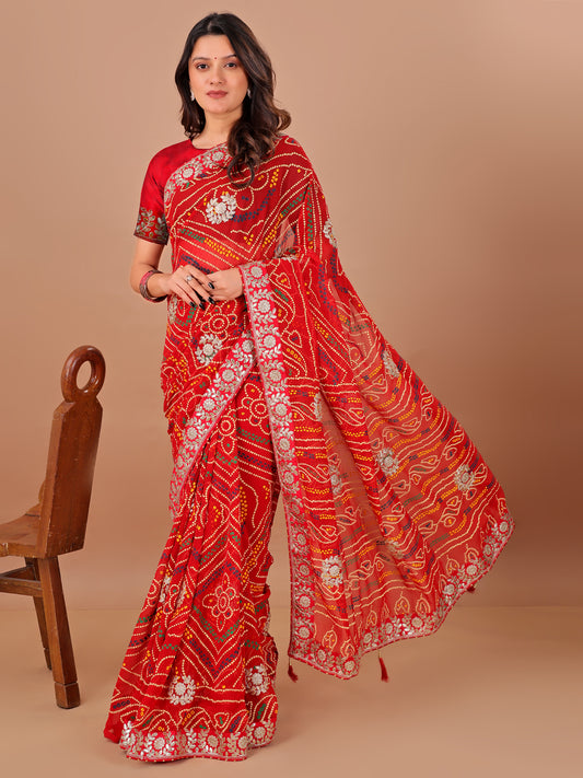 Women's Georgette Bandhani Saree With Unstitched Blouse Piece
