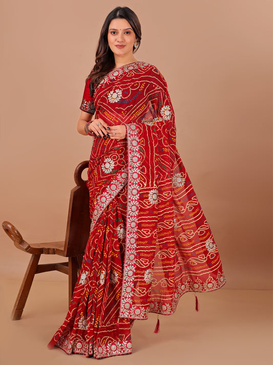 Women's Georgette Bandhani Saree With Unstitched Blouse Piece