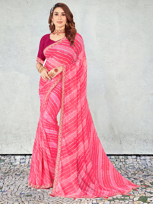 Women's Georgette Leheriya Saree With Unstitched Blouse Piece