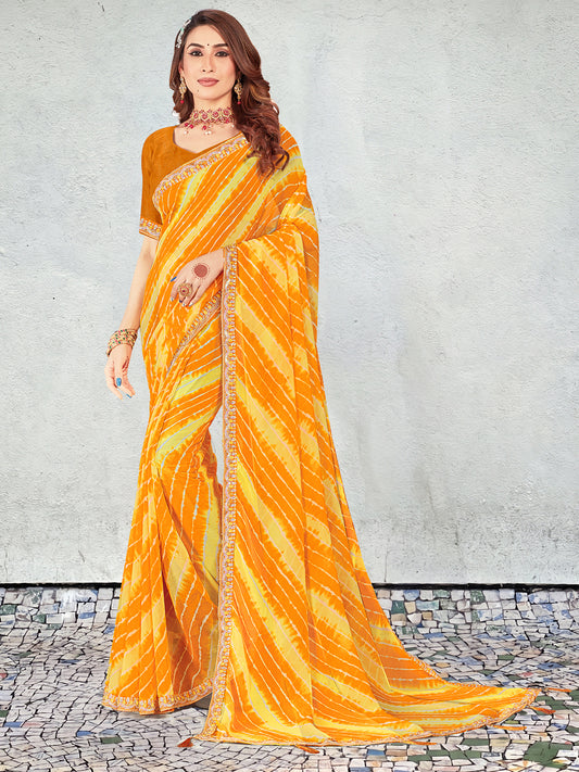 Women's Georgette Leheriya Saree With Unstitched Blouse Piece