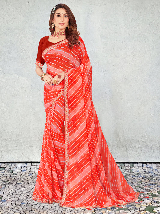 Women's Georgette Leheriya Saree With Unstitched Blouse Piece