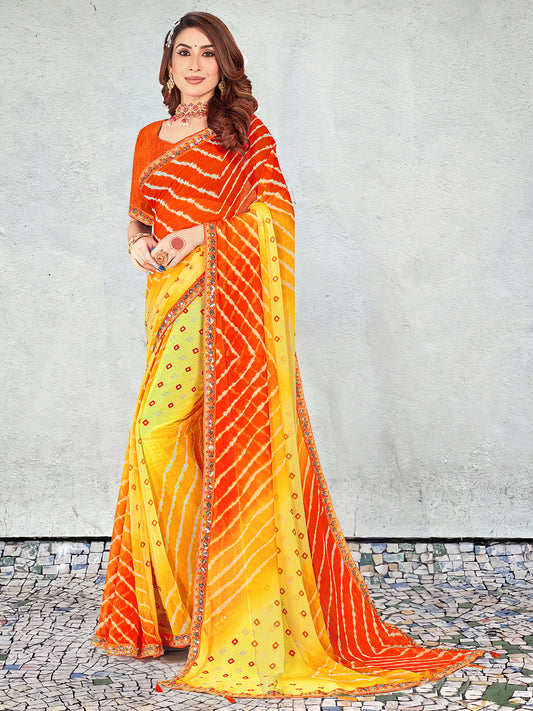 Women's Georgette Leheriya Saree With Unstitched Blouse Piece