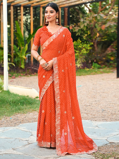Women's Georgette Leheriya Saree With Unstitched Blouse Piece