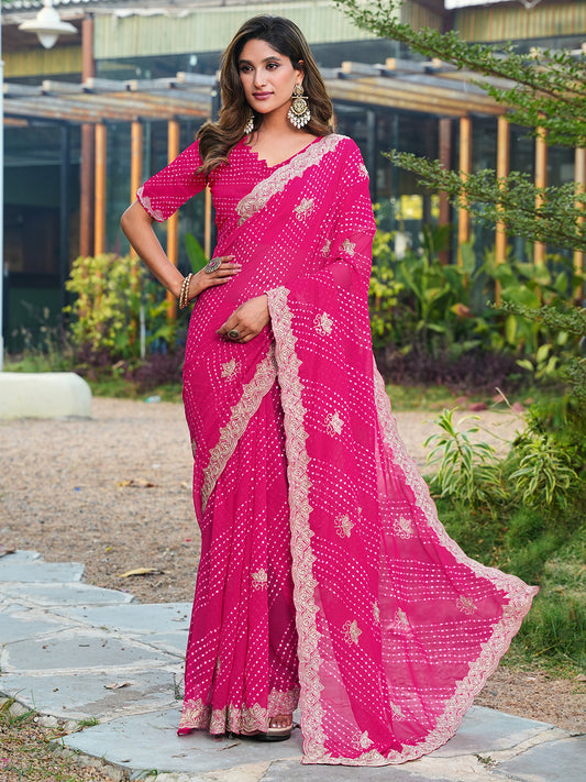 Women's Georgette Leheriya Saree With Unstitched Blouse Piece