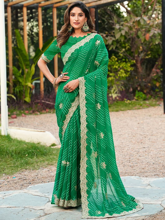 Women's Georgette Leheriya Saree With Unstitched Blouse Piece