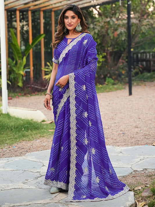 Women's Georgette Leheriya Saree With Unstitched Blouse Piece