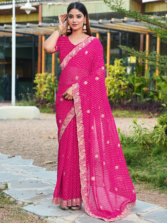 Women's Georgette Leheriya Saree With Unstitched Blouse Piece