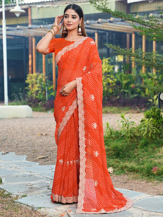 Women's Georgette Leheriya Saree With Unstitched Blouse Piece