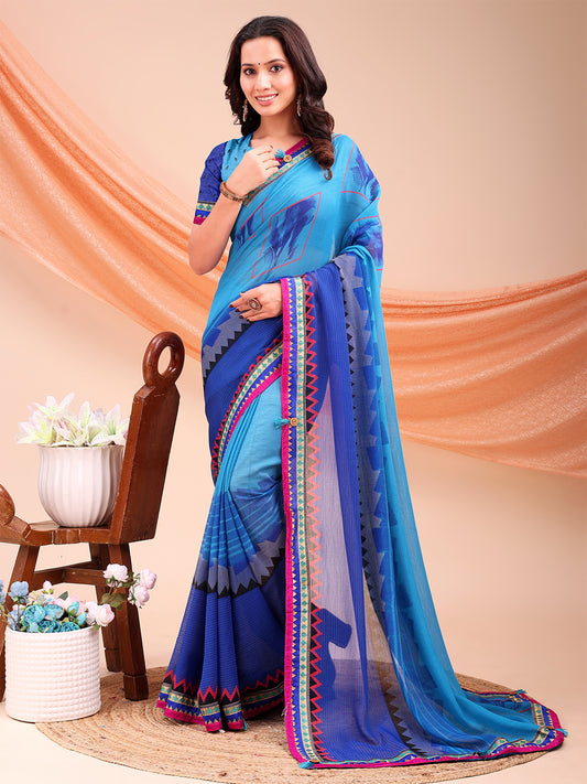 Women's Chiffon Printed Saree With Unstitched Blouse Piece