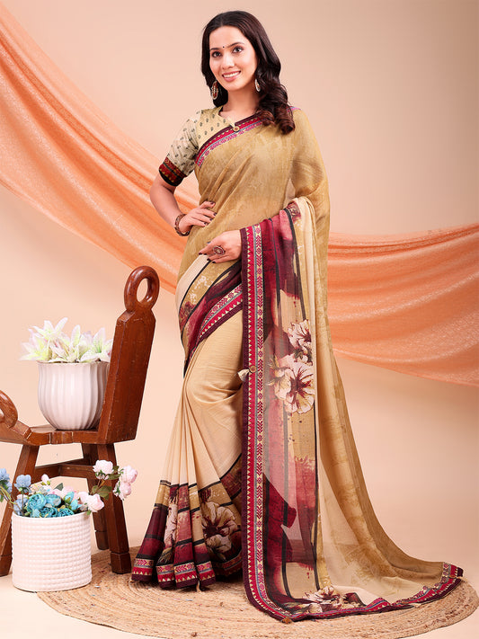 Women's Chiffon Printed Saree With Unstitched Blouse Piece