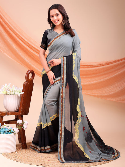 Women's Chiffon Printed Saree With Unstitched Blouse Piece