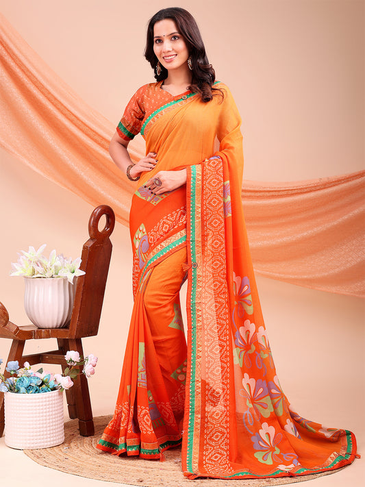Women's Chiffon Printed Saree With Unstitched Blouse Piece
