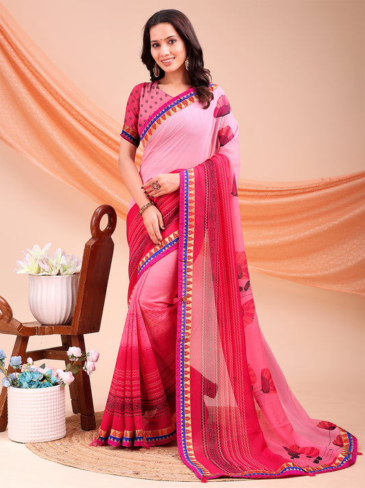Women's Chiffon Printed Saree With Unstitched Blouse Piece