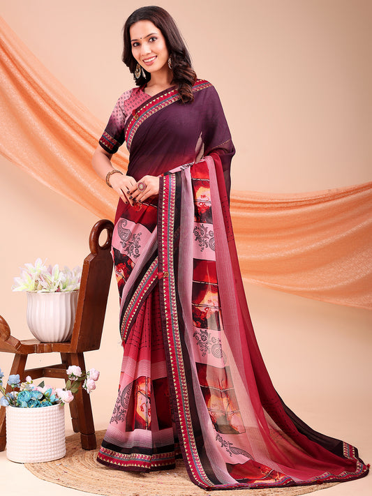 Women's Chiffon Printed Saree With Unstitched Blouse Piece