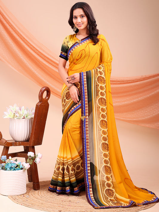 Women's Chiffon Printed Saree With Unstitched Blouse Piece