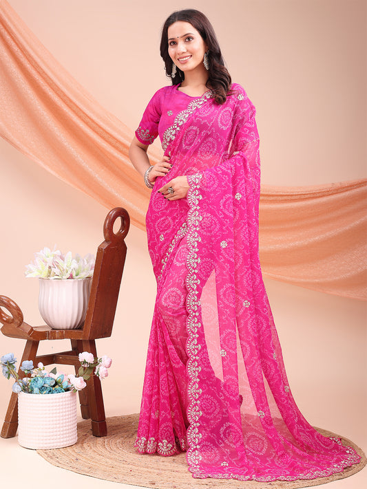 Women's Georgette Bandhani Saree With Unstitched Blouse Piece