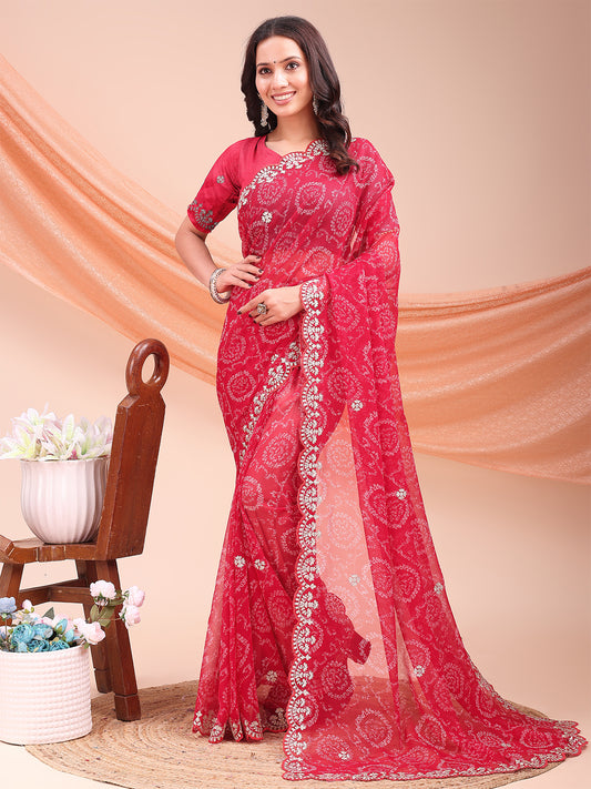 Women's Georgette Bandhani Saree With Unstitched Blouse Piece