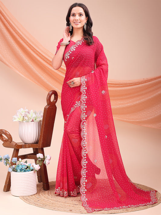 Women's Georgette Bandhani Saree With Unstitched Blouse Piece