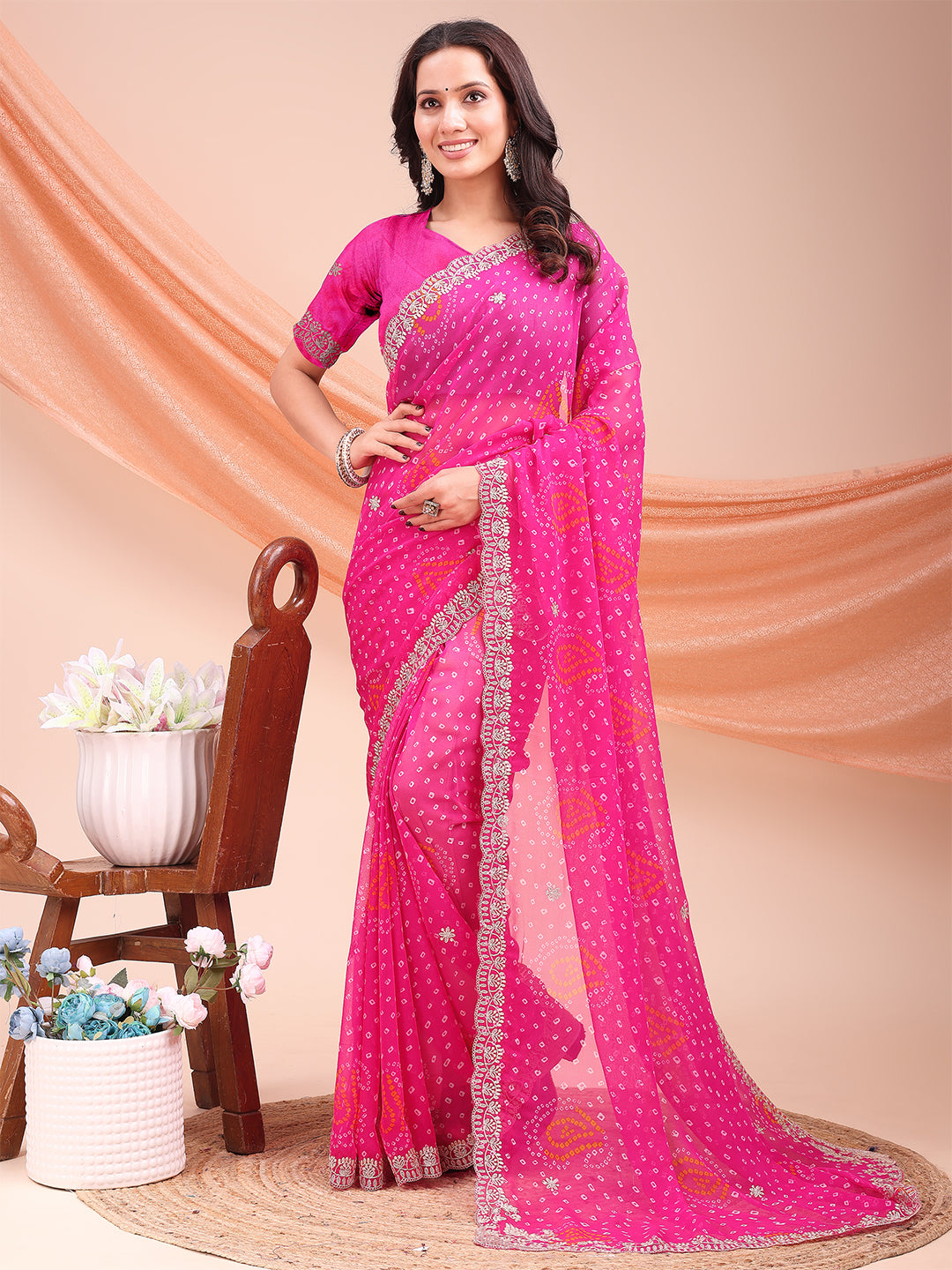 Women's Georgette Bandhani Saree With Unstitched Blouse Piece