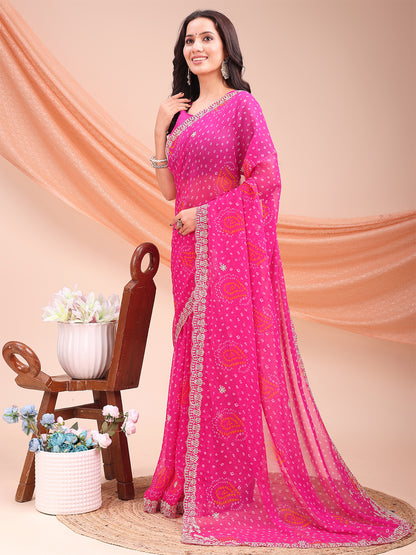 Women's Georgette Bandhani Saree With Unstitched Blouse Piece