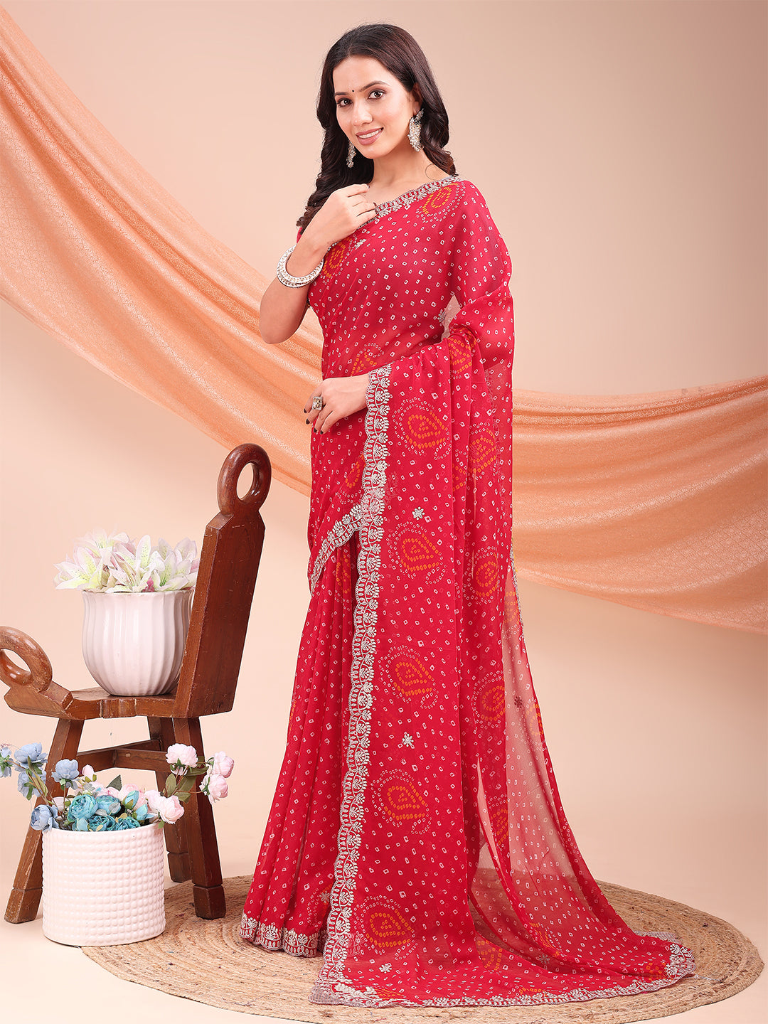 Women's Georgette Bandhani Saree With Unstitched Blouse Piece
