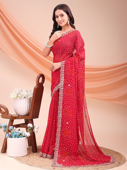 Women's Georgette Bandhani Saree With Unstitched Blouse Piece
