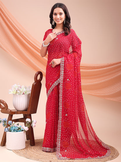 Women's Georgette Bandhani Saree With Unstitched Blouse Piece