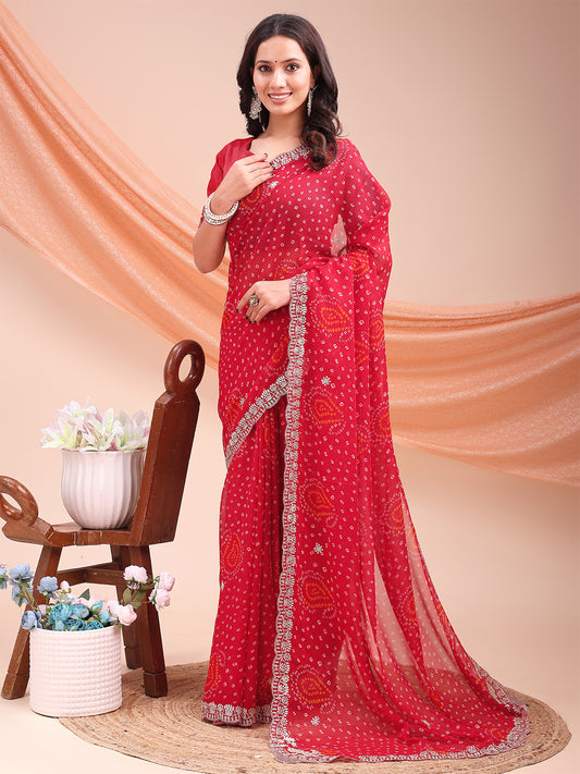 Women's Georgette Bandhani Saree With Unstitched Blouse Piece